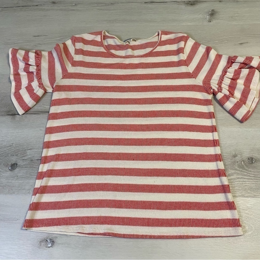 Pleione Knit Top 3/4 Bell Sleeves,  Red Cream Striped- Size Small